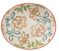 Seifenschale Summer mit Blumenmustern in Pastel, oval aus Keramik handbemalt mit Löchern für den Wasserablauf 13 x 11x4 cm
