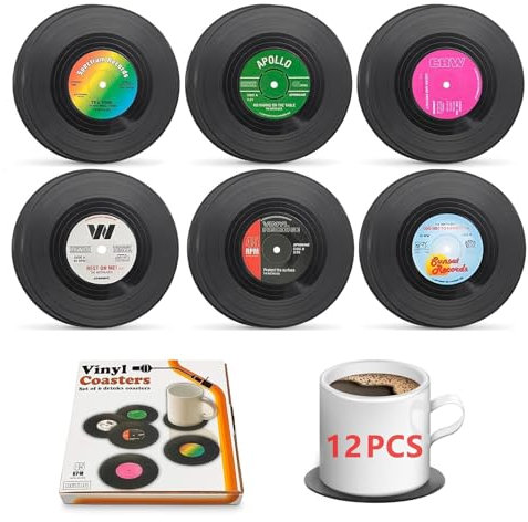 12 Retro Schallplatte Stil Untersetzer, Mit Basis Und Einzigartige Etiketten, Tasse Matte rutschfeste Isolierte Matte FüR Bars, CaféS, Haus, Party, BüRo