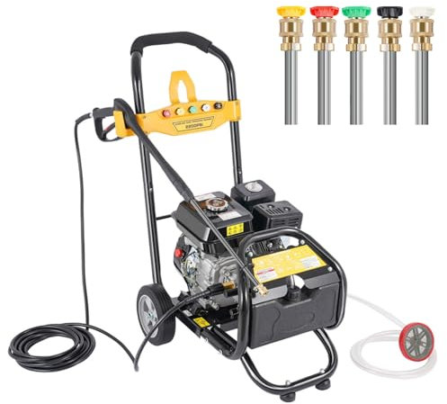 7.5HP High Pressure Petrol Washer with 8in Wheels, Max Flow: 9LPM, Professional Car & Patio Cleaner with Safety Lock, Steam Jet Cleaning Machine for Cars, Farms, with 5 Different Types of Nozzles