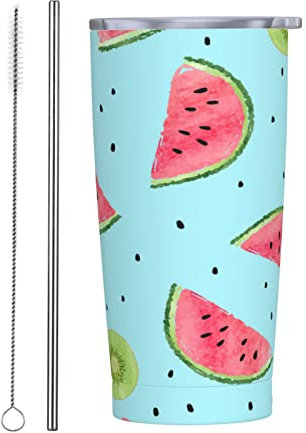 shgwehh Becher mit Deckel und Strohhalm, Wasserfarben, Kiwi-Fruit, Sommer, Reise-Kaffeetasse, Edelstahl, 590 ml