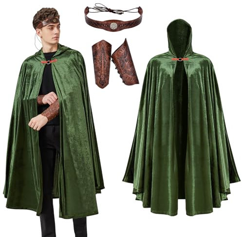 Joellfuner Renaissance Mittelalter Umhang, Hobbit Kapuzenumhang Kostüm, Mittelalter Kleidung Kapuzenmantel Kapuze Samt mit Viking Armschiene, Geprägte Kopfschmuck