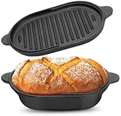 Cast Iron Bread Loaf Pan with Lid 2 in 1 Oven Pot & Skillet 9 x 6.3 Inch Black Rectangular