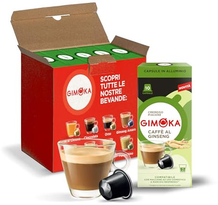 Gimoka Goût CAFÉ AU GINSENG - 50 Capsules Aluminium - Compatibles avec les machines à café à usage domestique Nespresso* - Produit en Italie (lot de 5 x 10)