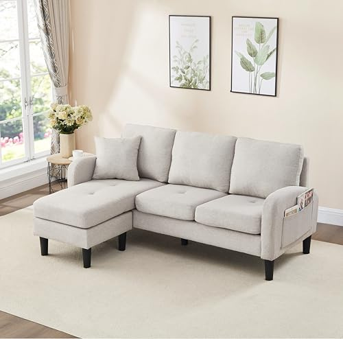 Ecksofa mit Chaiselongue 166 x 118 x 77 cm, Sofa 3 Sitzer in L-Form, Sofa Modular 160 cm Breit, Couchgarnitur in Leinenoptik, Kleine Sofas für Kleine Räume, Beige