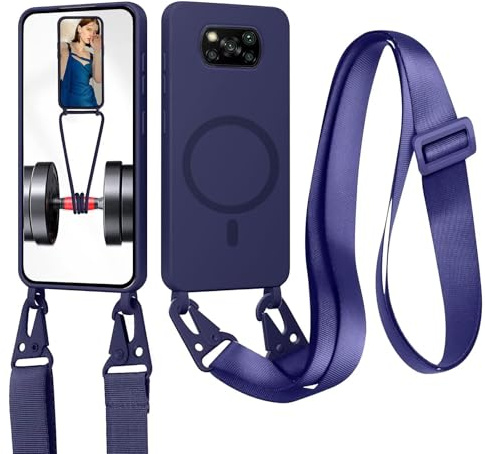 Handykette für Xiaomi Poco X3 NFC/X3 Pro/X3 Hülle mit Band [Kompatibel mit Magsafe] Flüssig Silikon Necklace Handyhülle Magnetische Schutzhülle zum Umhängen Kordel für Xiaomi Poco X3 NFC, Dunkelblau