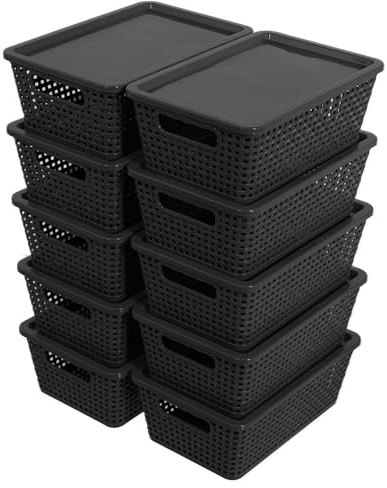 Citylife Set of 10 Pack Plastic Storage Baskets With Lid, Storage Basket for Organizing,Stackable Storage Containers Bins Boxes for Kitchen Bathroom Desktop Closet Classroom Office,Black