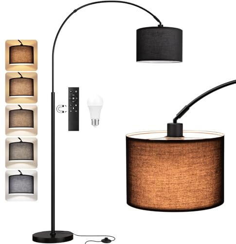 PreeOtti Stehlampe Wohnzimmer Dimmbar Bogenlampe, LED E27 Leselampe mit Fernbedienung 3000K-6000K, Vintage Standing Lamp Standlampe für Schlafzimmer, 350°Drehbarer Lampenkopf, 180cm, Schwarz