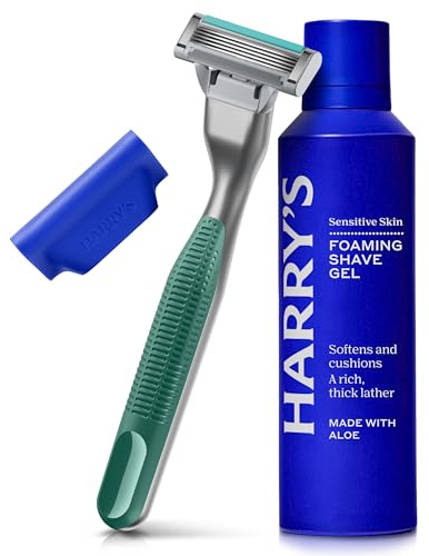 Harry's Plus Razor for Men - Trial Set - 1 Handle and Razor, 120ml Foaming Shave Gel and Travel Blade Cover - Green