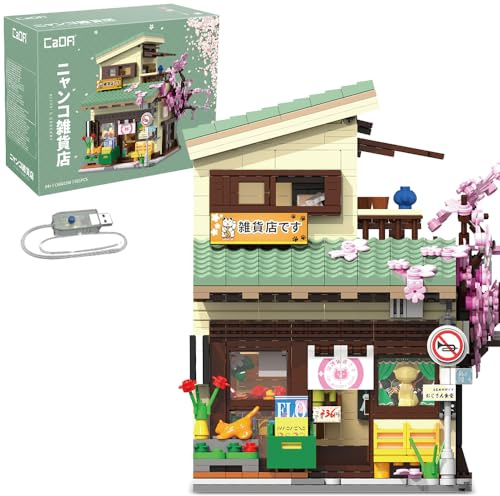 CaDA Japanisches Katzen-Lebensmittelgeschäft-Hausbauset, Master C66015W Stadtstraßen-Bausatz mit Beleuchtung, 8921-teiliges modulares Haus, Geschenkidee für Erwachsene