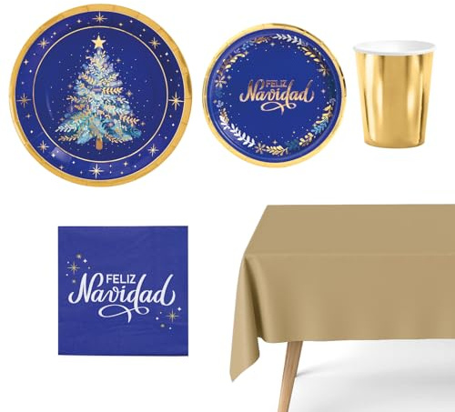 OH YEAH - Kit stoviglie Natale 12 persone blu notte - 72 pezzi - piatti, bicchieri e tovaglioli usa e getta - tema natalizio - cene natalizie, riunioni di famiglia e feste di fine anno
