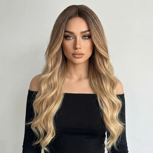Perücke Blond Lange Lockige, Perücke Damen 66cm Hitzebeständige Synthetikperücke in Ombre-Brauner & Blond, Sexy Blonde Perückes, für Alltag, Kostüme, Partys & Cosplay
