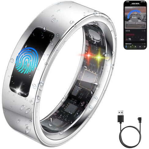 uaue Smart Health Ring for Women Men, Vibration Alert, Touch Control, Fitness Tracker Ring with Sleep/Women's Health/Heart Rate/Steps, IP68 Waterproof for iPhone and Android, Silver 10,No Subscription