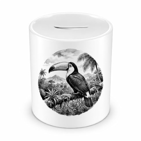 Samunshi® Spardose mit dem Motiv Tukan in der Wildnis - Spardose für Tukan Fans Sparschwein mit Tier Motiv Sparbüchse Cash Money Geld weiß 330ml