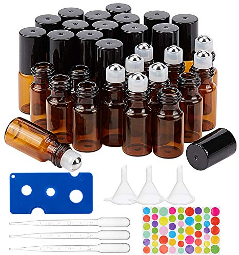 BENECREAT 30 PACK 3ml Bernsteinglas Rollflasche mit schwarzer Kappe Mini Brown ätherische Ölrolle auf Flasche mit 4 PC Trichtern, 1 PC Öffner, 10 PC Tropfer und 1 Blatt Aufkleber