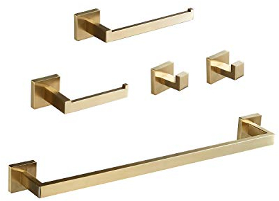 Beelee Badezimmer Hardware Set 5 Stück Golden gebürstet, Wandmontage Modernes Badezimmerzubehör 304 Edelstahl Handtuchhalter Toilettenpapierhalter Robe Haken Handtuchring, BA199SET-5BG