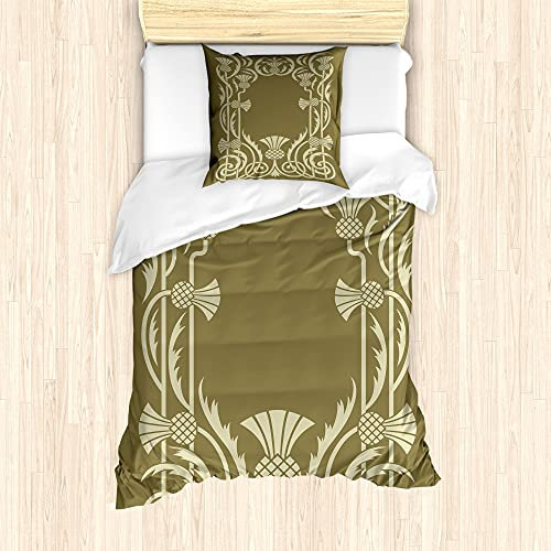 ABAKUHAUS Jugendstil Bettbezug Set für Einzelbetten, Ananas-Border, Milbensicher Allergiker geeignet mit Kissenbezug, 135 cm x 200 cm - 80 x 80 cm, Sepia Weises Grün