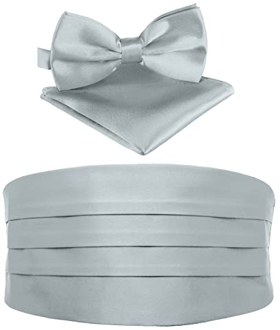 BomGuard Herren Kummerbund - Smoking 3er Set Schärpe Fliege Einstecktuch,silber