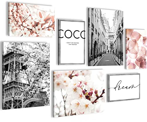 Novart Wandbilder Fashion - KOMPLETT AUFHÄNGFERTIG - Rosa Blumen Wohnzimmer Mädchen Teenager - 7 Moderne Mood-Bilder - N004971a