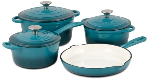 Basque Enameled Cast Iron Cookware Set, 7 Piece Set (Bizcaia Blue) Nonstick, Oversized Handles, Oven Safe; Frying Pan, Saucepan, Small Dutch Oven,