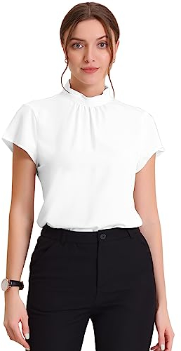 Allegra K Damen Bluse Sommer Kurzarm Stehkragen Chiffon Business Oberteil Flügelärmel Elegant Top Weiß S