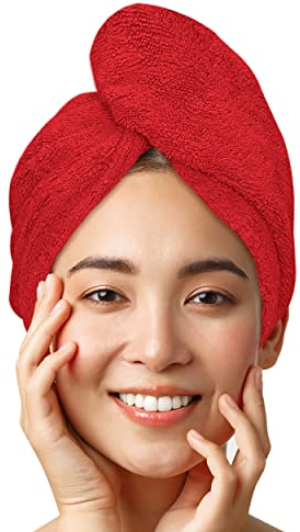 LUXTOGO® Haarturban-Premium Haarhandtuch 100% Baumwolle, Hochwertiges Turban Handtuch mit Knopf und Gummizug, Super Saugfähiges Kopfhandtuch (1 STK Rot)
