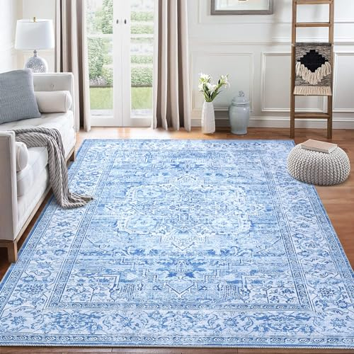 LuxFocus Teppich Vintage Blau-Weiß Teppich rutschfest Waschbarer Verwischt Design Teppiche für Schlafzimmer Wohnzimmer Bodenmatte Kurzflor Bordüre Ornamental, Blau 160x230 cm
