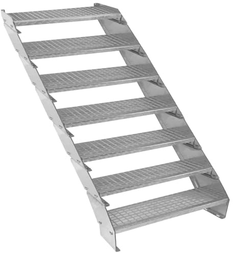 Verzinkter Stahl Treppe 7 Stufen | Erweiterbar mit zusätzlicher Gitterrost-Stufen & Höhenverstellbar | Wetterfest, Robust & Modular | für Außen Garten Terrasse | GRATIS Befestigungssatz [90cm breit]