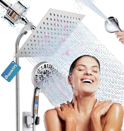 8 Inch Filtered Shower Head with Handheld Combo Square Rainfall Shower Head with Shower Filters for Hard Water, Bathroom Shower Heads with Hose, Shower Head with Hand Held Spray Built-in Power Wash