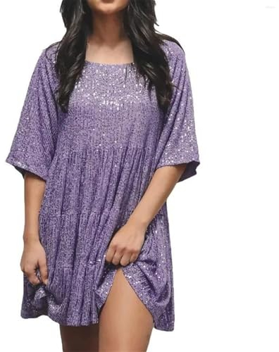 Vimlo Damen-Minikleid mit Glitzer, glitzernden Pailletten, Halbarm, hohe Taille, Kurze Kleider, abgestuftes Babydoll-Kleid, Party, Clubwear (Color : Purple, Size : XXL)
