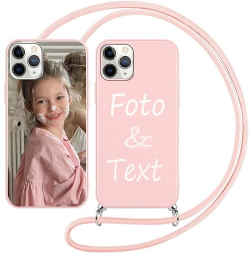 Handykette Personalisierte Handyhülle für iPhone 7Plus/8Plus Hülle mit Band Kette Kordel,selber gestalten für hülle Selbst Gestalten mit Eigenem Foto Bild Individuelle Schutzhülle Case,Rosa