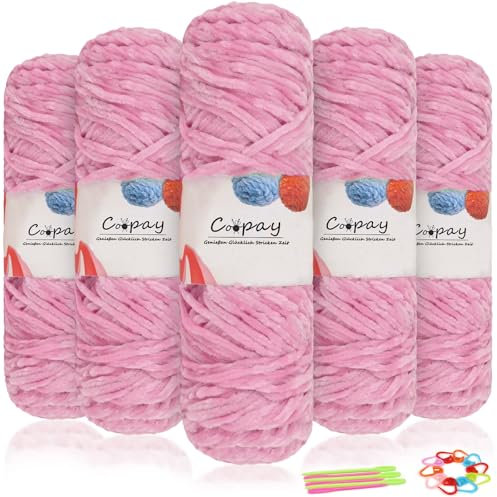 Coopay Samt Chenille Wolle zum Häkeln, 500g (5x100g) Velvet Chenillegarn, Dicke Wolle zum Stricken, Flauschige Weiche Samtig Chenillewolle mit Häkelzubehör für Schals, Decken - Hellpink