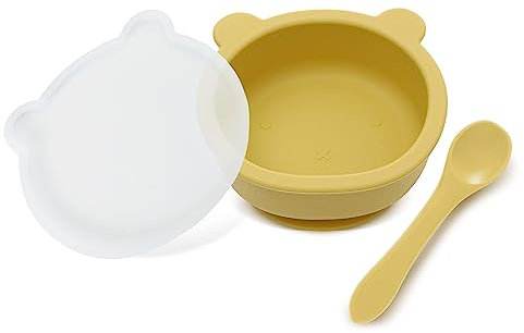 Miracle Baby Bol Ventouse pour Bébé en Silicone, Bol Enfant avec Couvercle et Cuillère, Vaisselle Bebe Anti-Dérapante, Sans BPA (Jaune)