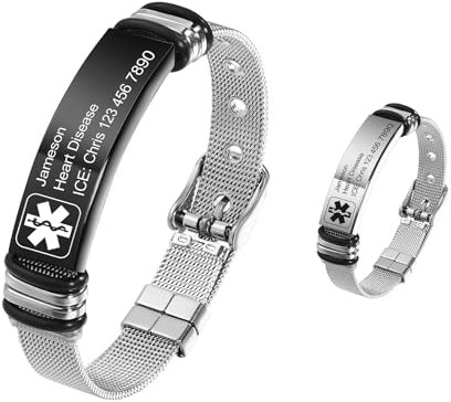 MeMeDIY Pulseras de Alerta Médica Personalizadas para Mujeres/Hombres Pulsera Impermeable de Silicona Ajustable/Pulseras de Acero Inoxidable Grabadas Con Info de Alerta de ID Médica Style-E2