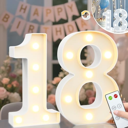 Light Up Numbers Birthday Decorations, Marquee Number Lights Sign with Remote, Lighted Numbers for 18th Birthday Wedding Anniversary Party Backdrop Wall Decor, Cool White and Warm White Number 18