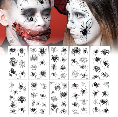 Halloween Visage Tatouages Temporaires, Tatouage Halloween Araignée,10Pcs Effrayante Tatouages Faux Cicatrices Zombie Sang Éphémères, pour Halloween Maquillage Maquillage Zombie Accessoires