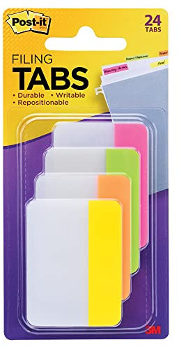 Post-it Tabs Durable File Tabs, 2 x 1 1/2, Solid, Flat, Assorted Bright, 24/Pack