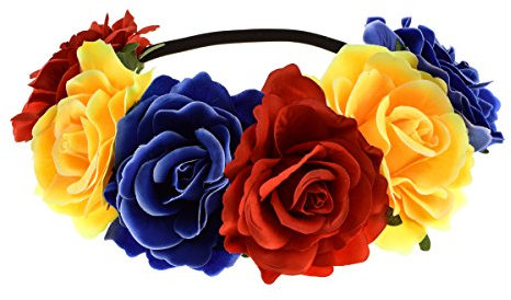 June Bloomy Rose Floral Crown Garland Flower Headband Headpiece for Wedding Festival, Red Yellow Blue, 1 Count (Pack of 1)
