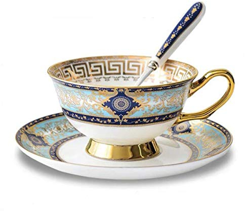 YBK Tech Euro-Stil Knochenporzellan Tasse & Untertasse Set, 200ml Kaffee Tasse für Home Küche Hochzeit (Königlich gemustert - Himmelblau)