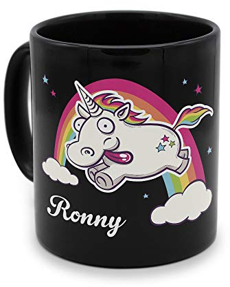 printplanet - Tasse Schwarz mit Namen Ronny - Motiv: Verrücktes Einhorn - Namenstasse, Kaffeebecher, Mug, Becher, Kaffeetasse