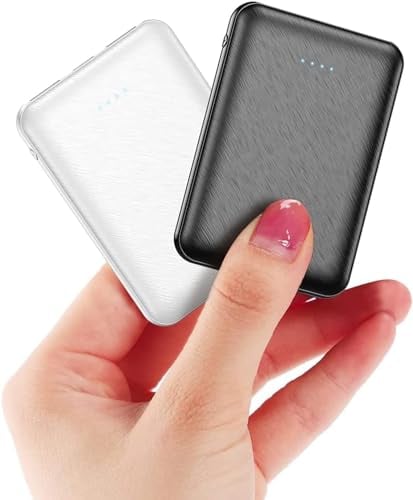 Lot de 2 Mini Batteries externes, Petites mais puissantes, 5000 mAh, Batterie Externe Portable, avec câble, Batterie Externe légère (Noir et Blanc)