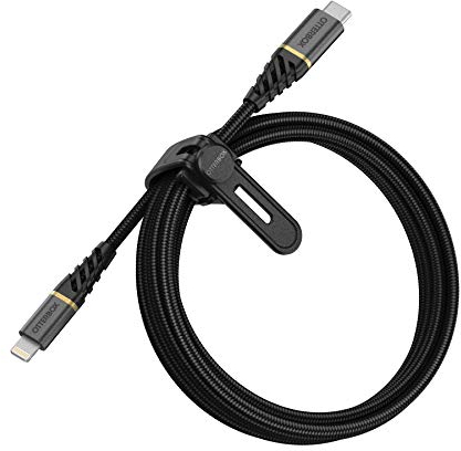 OtterBox Cable Reforzado Premium de Nylon USB-C a Lightning, Certificado MFi, Cable Carga Rápida para iPhone e iPad, Ultra Resistente, testeado para doblados y torsiones, 2M, Negro