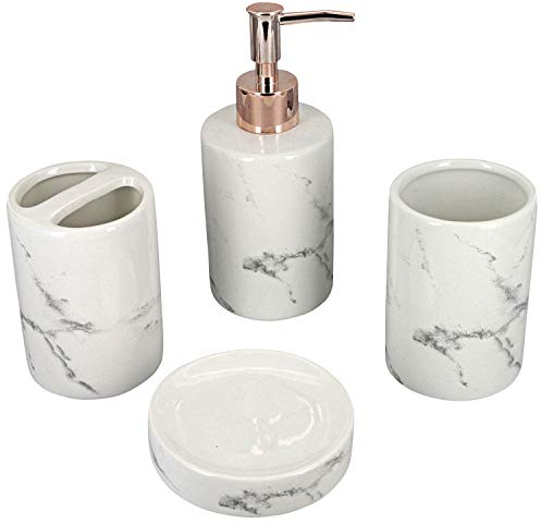 G Decor Designer 4-Piece Cream-White and Rose Gold Marble Ceramic Bathroom Accessory, Includes Liquid Soap or Lotion Dispenser, Toothbrush Holder, Tumbler, Soap Dish