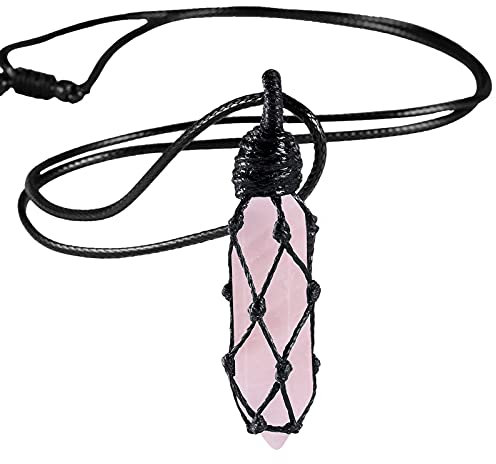 Nupuyai Rose Quartz Hexagonal Quartz Crystal Point Pendant Necklace for Women Men, Natural Wrapped Stone Pendulum Pendant with Adjustable Rope 65cm