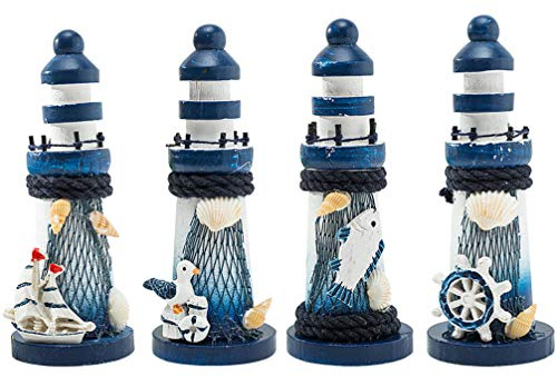 4 Stücke Leuchtturm Deko Mediterrane Dekoration Leuchtturm Statue Mini Holzdeko Mittelmeer Deko für Wohnzimmer Tischdeko Nautische Mediterranen Stil Ornament Weihnachten