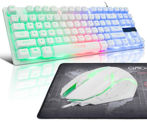 CHONCHOW TKL Gaming-Tastatur und -Maus, kabelgebunden, Regenbogen-Hintergrundbeleuchtung, Weiß