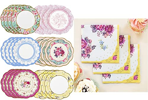 Talking Tables Set di 24 piatti di carta vintage con bordo smerlato, stoviglie usa e getta, ideali per compleanni o feste in giardino &, Set di 30 tovaglioli di carta, motivo elegante, 25 cm