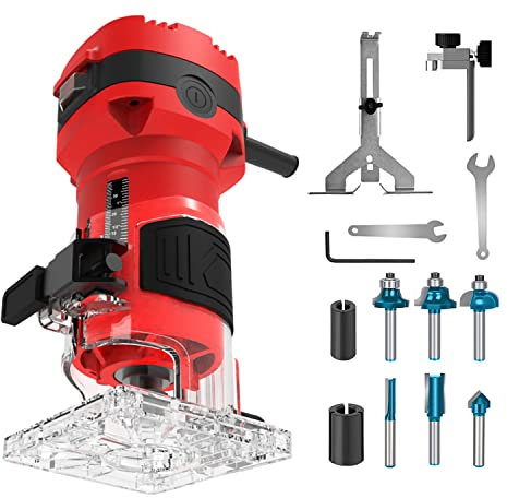 Herramienta de enrutador, enrutadores compactos de madera de palma de 32000 RPM para carpintería, enrutador de corte con 6 brocas de enrutador de madera, pinza de 1/4 pulgadas y adaptador de 8 mm/12.7
