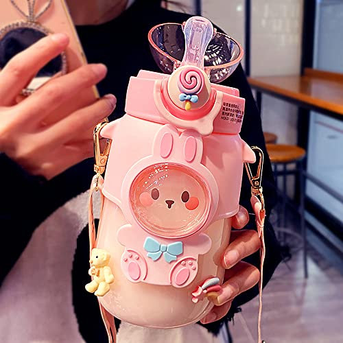 GMKD Kawaii - Borraccia con cannuccia, con cinturino regolabile e adesivi, per scuola all'aperto, senza BPA, 680,4 g (coniglio rosa)