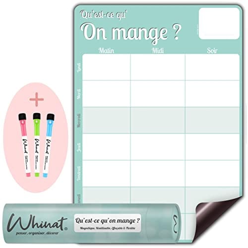 Tableau memo magnétique QU'EST-CE QU'ON MANGE ? - Planning et calendrier des repas et menus de la semaine pour toute la famille à afficher le frigo de la cuisine VERT