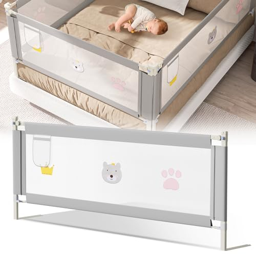 Cecaylie Bettgitter 150cm, Bettschutzgitter Rausfallschutz Bett Klappbar für Kinder & Elternbetten, Kinderbettgitter mit luftiges Netz einfache Montage, Hoch 70 bis 98cm, Grau